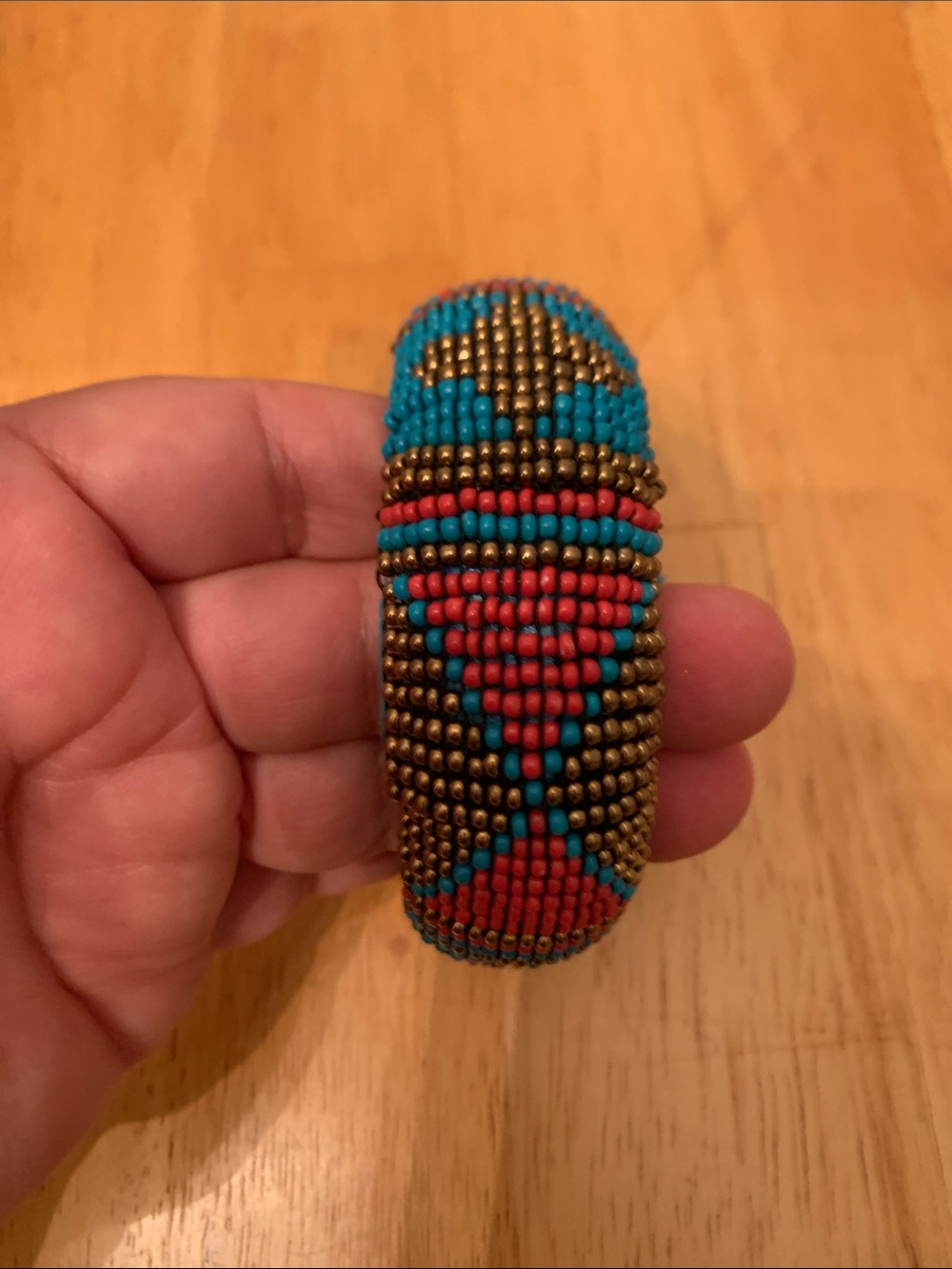 Turquoise Red Gold Seed-Bead Cuff Bracelet
